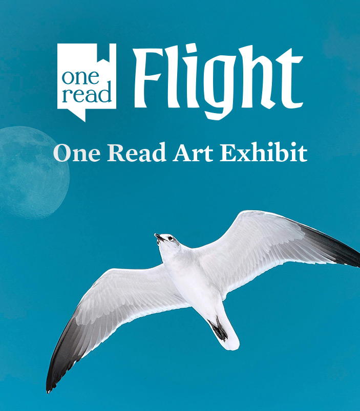 Flight: One Read Art Exhibit invitation graphic of a bird flying with outstretched wings