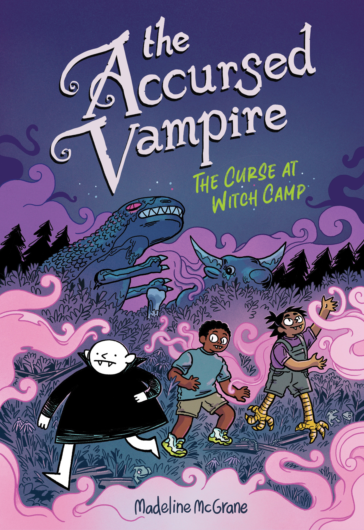 Cover image of "The Accursed Vampire: The Curse at Witch Camp," featuring three white-fanged vampire children in a grassy field at night time. The field is tinged purple with plumes of pink smoke creeping across, and off in the distance are an animatronic dinosaur and bull (two structures left behind in an abandoned mini-golf course). The first vampire child, Dragoslava, has completely pale white skin and is wearing a black cape. The second vampire child, Quintus, is Black and wearing a tshirt, shorts, and sneakers. The third vampire child, Eztli, has brown skin, spikey black hair and taloned bird feet for legs, and is wearing a tshirt and shorteralls. 