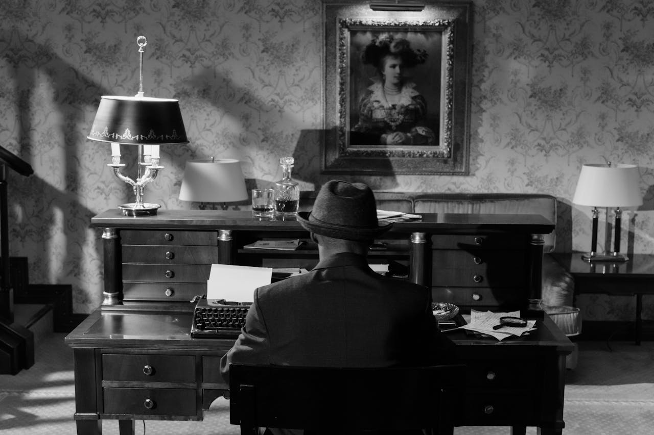 Black and white photo of detective from behind while he sits at a desk