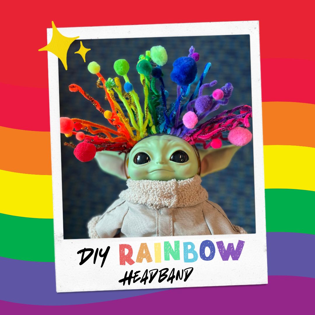 A toy baby Yoda with colorful hair and pom-poms. Text reads DIY Rainbow Headband