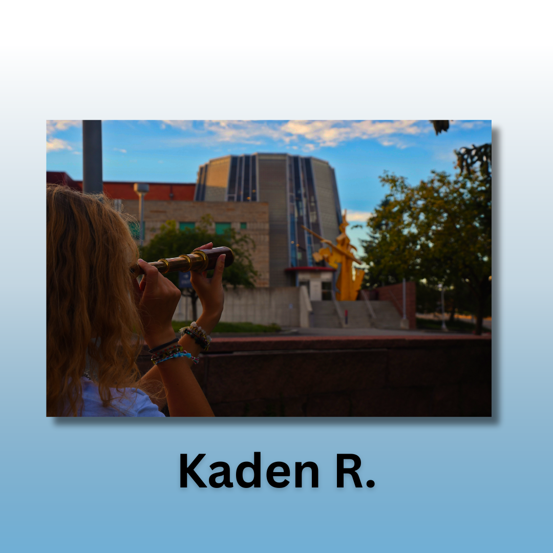 Photo of a person using a spyglass to look at the library. Text reads Levi B.