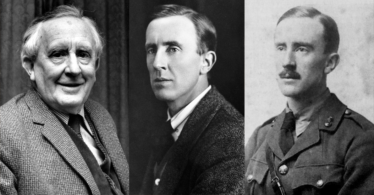 3 pictures of J.R.R. Tolkien when he was older, a young man, and in the army.
