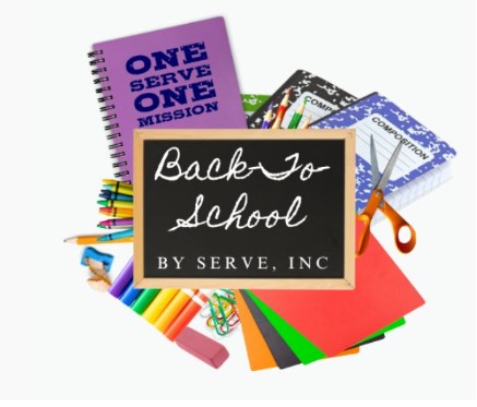 Back to School by Serve Inc. on a blackboard background, with school supplies surrounding it. 