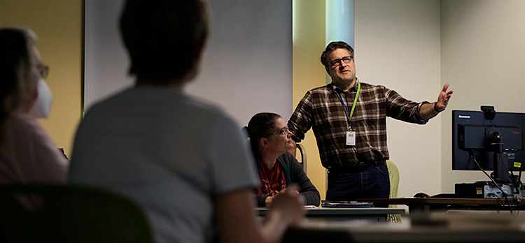 Librarian Seth Smith leading a media literacy class