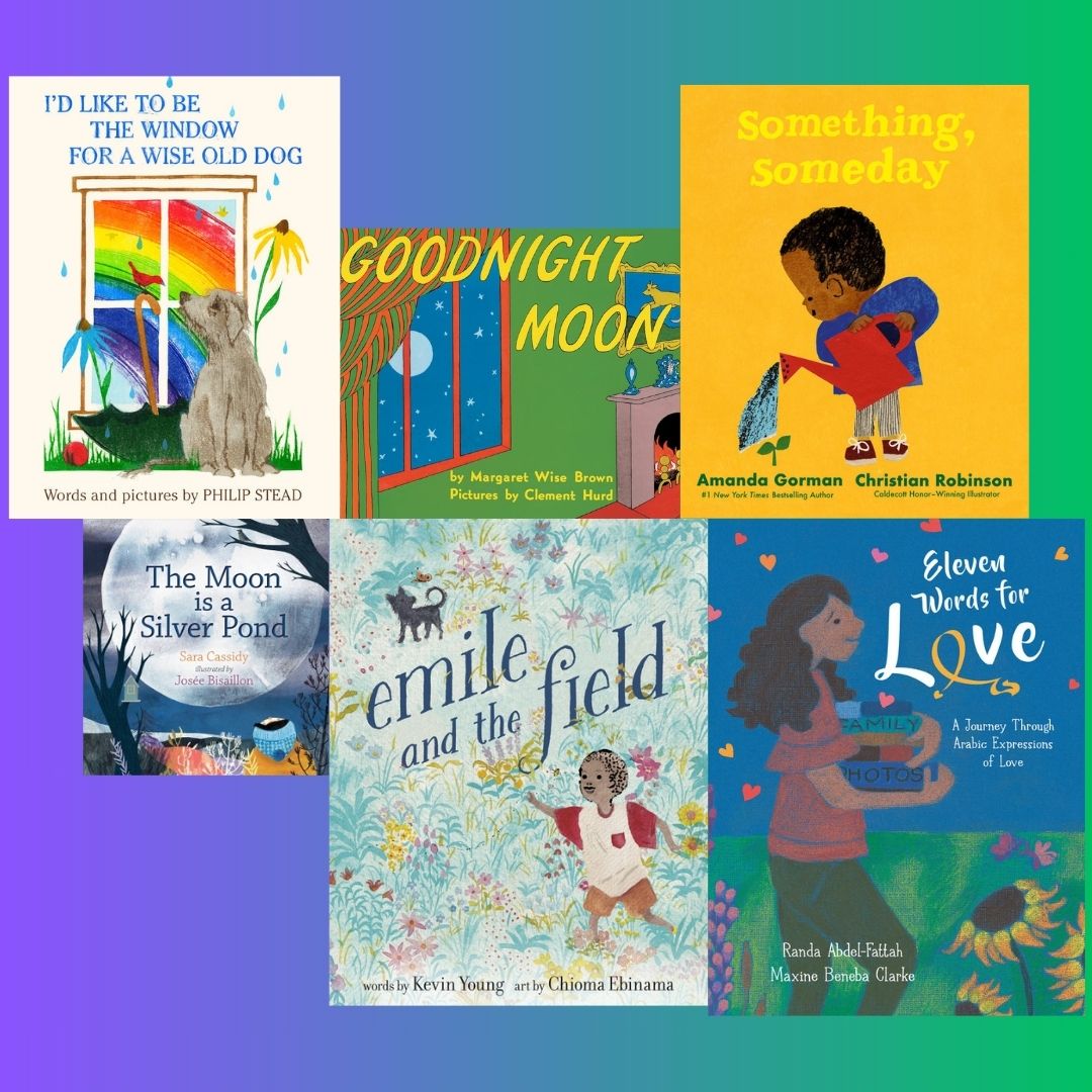 Photo of six picture book covers arranged in an asymmetrical grid pattern. The six book covers are set against a purple-blue-green gradient square background. 