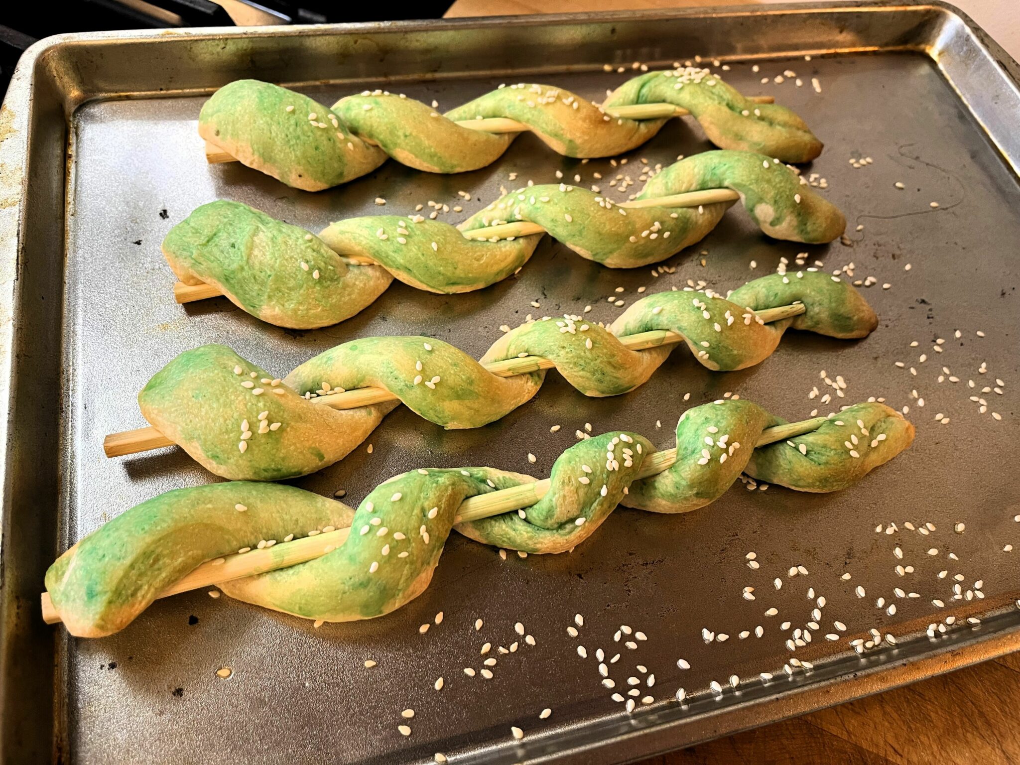 Snake breadsticks, cooked on skewers