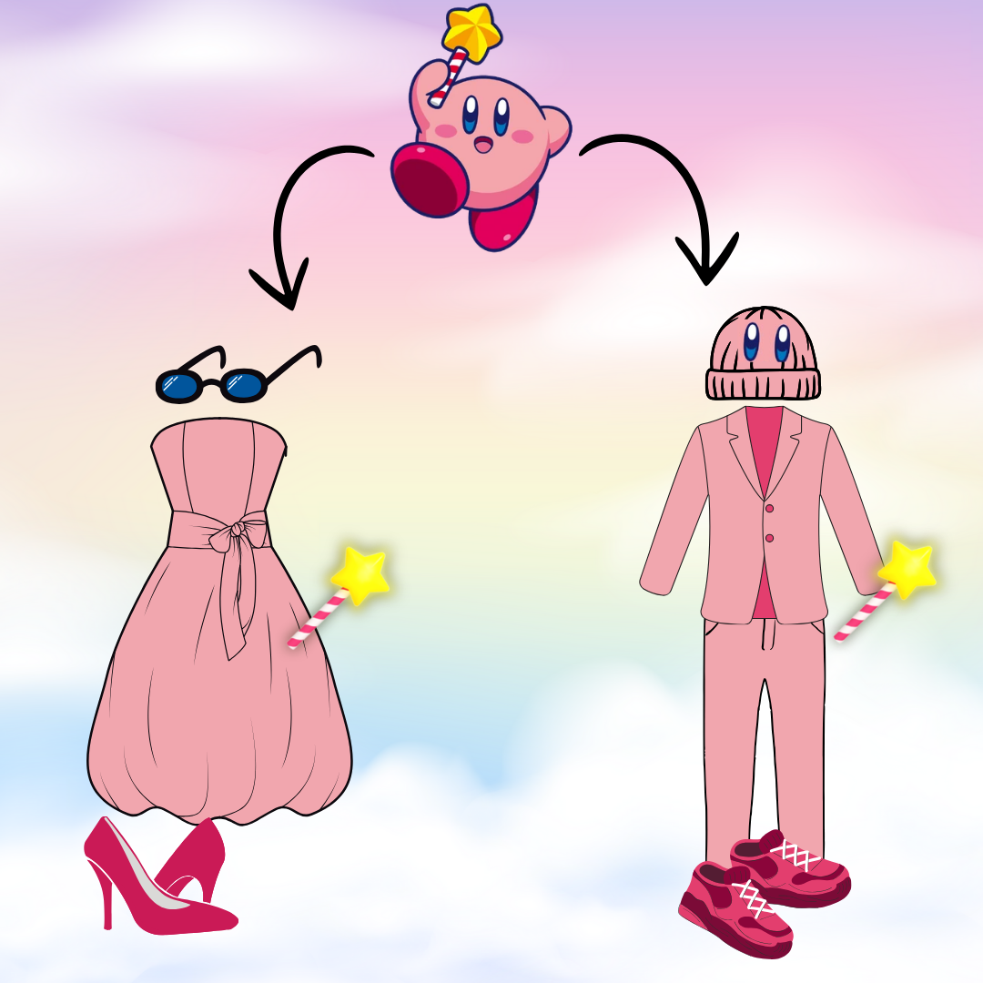 Nintendo character Kirby with two arrows pointing down. One arrow points to a pink dress, dark pink heels, blue sunglasses, and a yellow star wand with red and white diagonal stripes on the handle. The second arrow points to a pink hat with Kirby's eyes on it, a pink suit, the same star wand as before, and dark pink sneakers. 