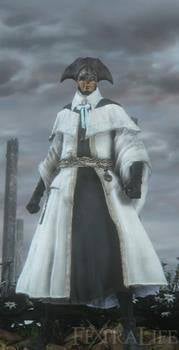 Choir garb from Bloodborne. Character has a brown tricorn hat, a white monk-like robe open in the center to show a black dress beneath, black elbow length gloves, a light blue bow tie with long tails, and a golden chain belt with a censor hanging off. 