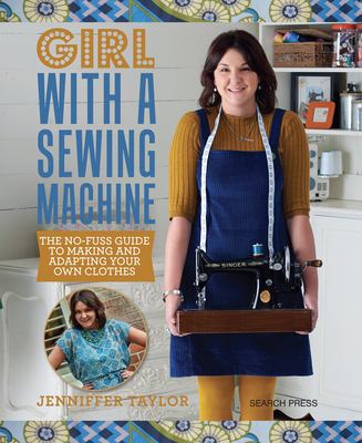 Girl with a sewing machine book cover. Author is looking forward, holding a hand-crank singer sewing machine in both hands. Title of book in gold and blue.