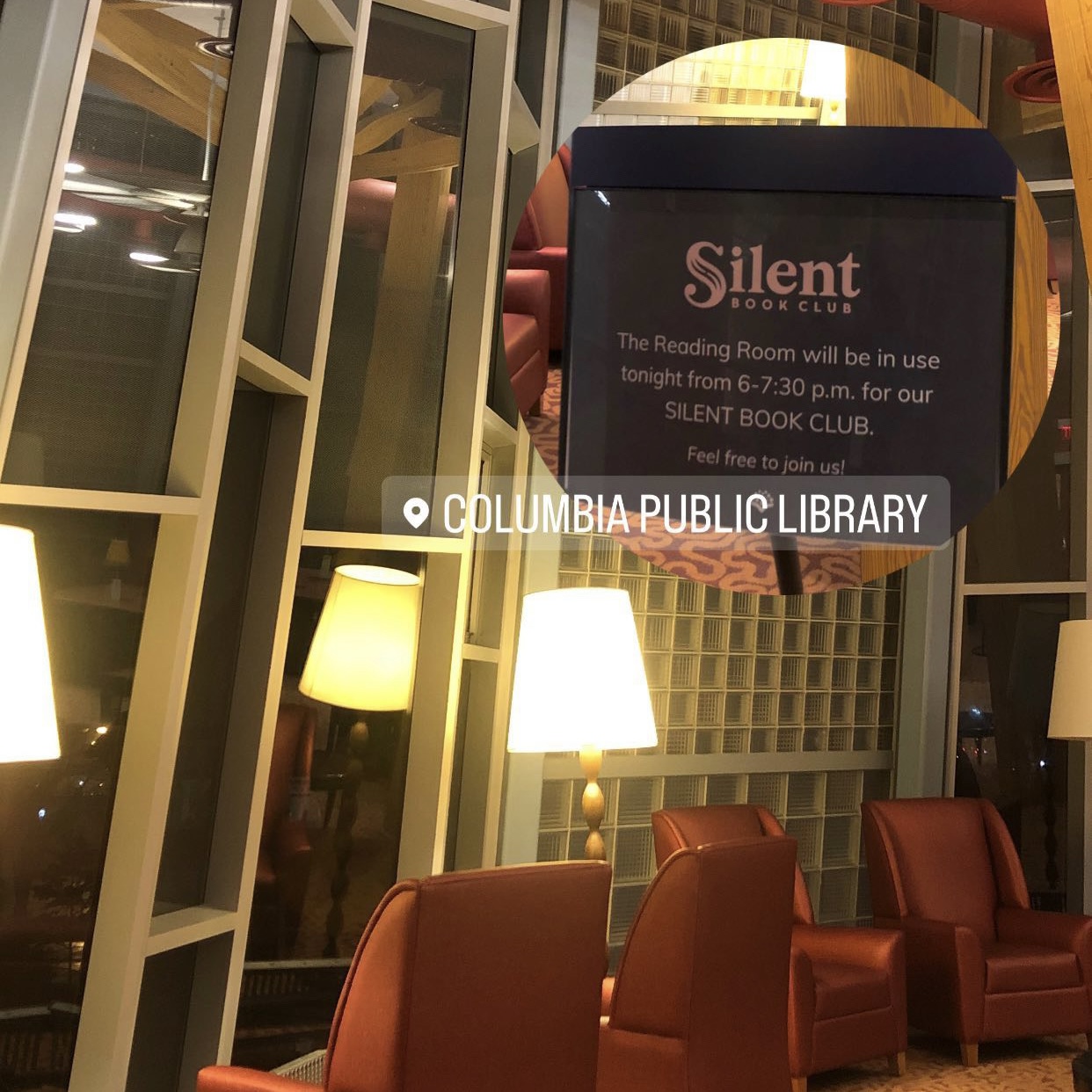 Silent Book Club sign superimposed on a photo of the Quiet Reading Room at night