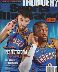 A man with light skin, brown hair, and a beard holds two fingers to his ear as if he is listening for thunder. His colleague is a Black man with cornrows and a goatee, doing the same pose. Their jerseys are blue with orange accents; the word THUNDER is across their chests. 