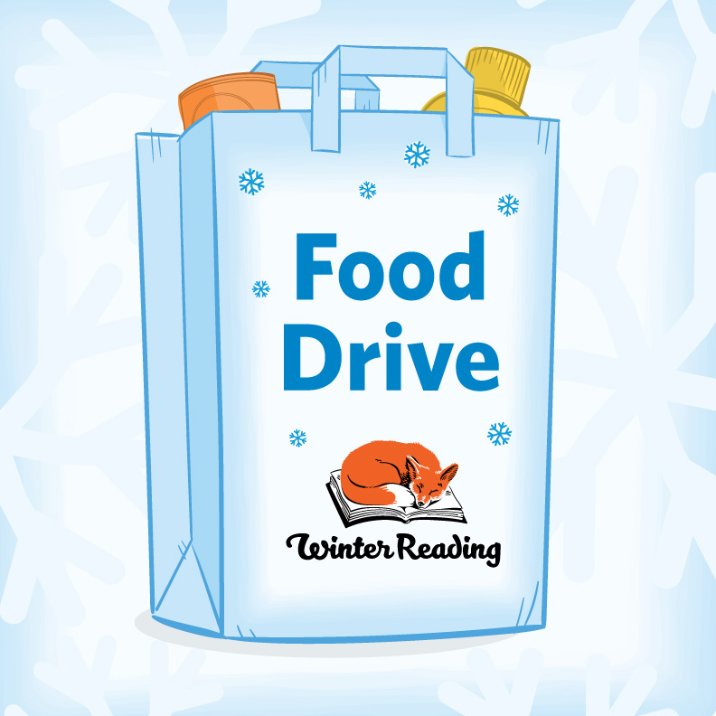 illustration showing a grocery bag with items peeking out the top and the words Food Drive and Winter Reading on the front